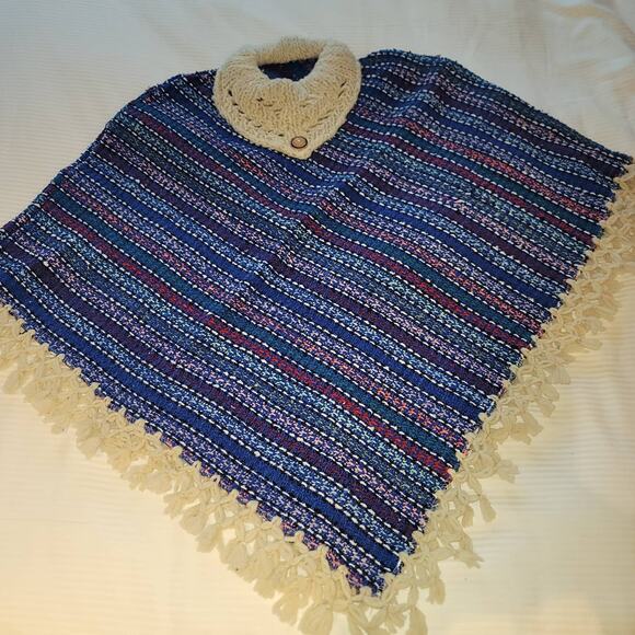 Handmade heavy poncho fringe wood button Winter One Size Multicolor Wool Cotton